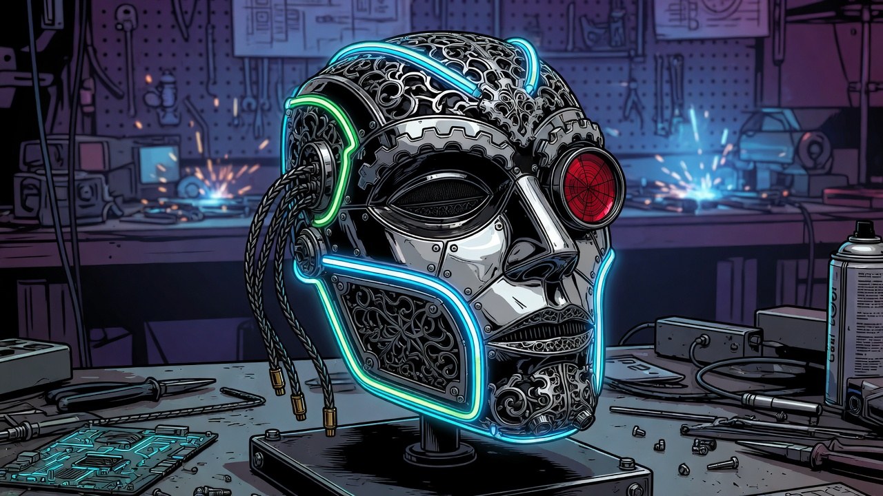 A cybernetic mask on a workshop stand